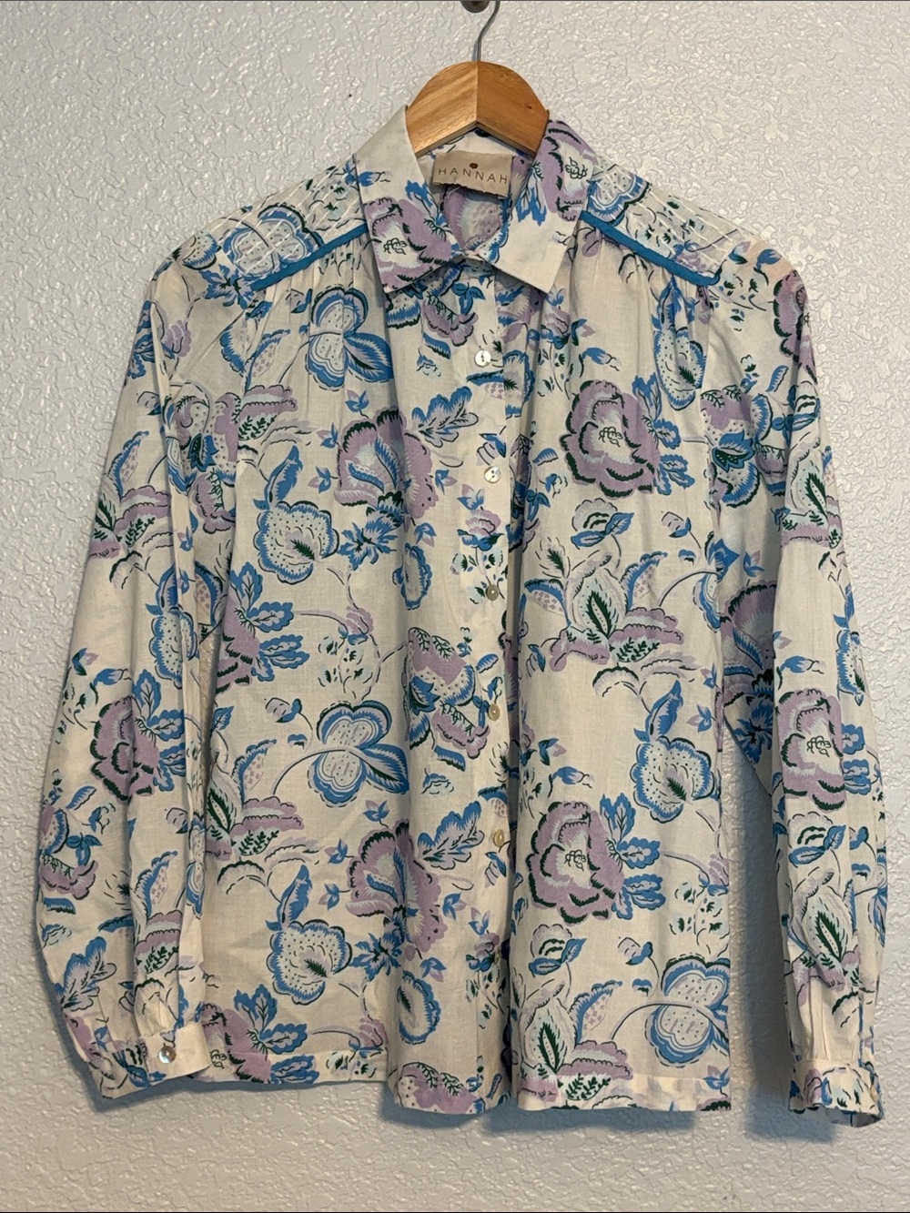 Hannah Cream Blouse with Blue, Lavender & Green Floral Print